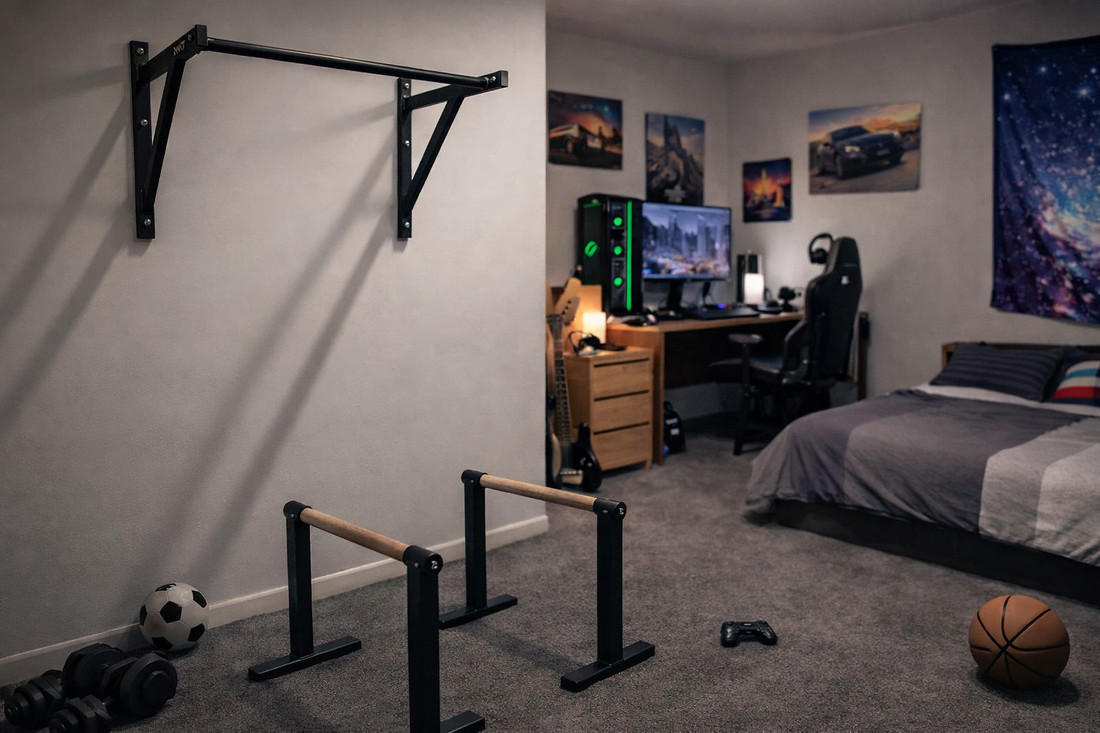 Gym en casa con poco espacio – barra de dominadas y paralelas MiniGym en cuarto pequeño
