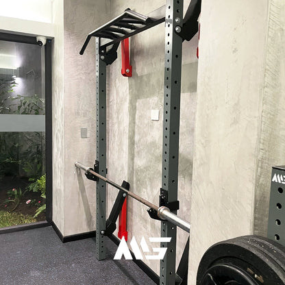 Rack plegable X MiniGym montado en gimnasio – estructura multifuncional para barra, banca y accesorios